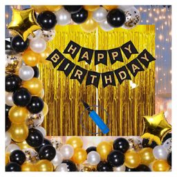 Bubble Trouble Happy Birthday Decoration Kit Pack of 62 Combo with 2 Pcs Gold Fringe Foil Curtains 1 Pc Black Banner 1 Pc Arch 50 Pcs Black Gold Silver Balloons for Kids Birthday Decoration Items-image-20