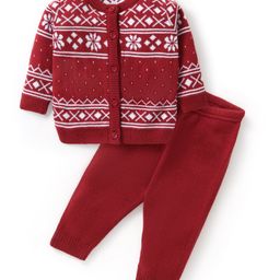 Babyhug Knit Full Sleeves Front Open Sweater and Pant Set Floral Design - Red-picture-14