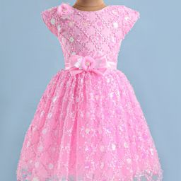 Bluebell Net Knit Half Sleeves Sequined Party Frock with Floral & Bow Applique - Pink-image-6