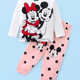 Babyhug Disney Cotton Knit Full Sleeves Night Suit With Mickey Mouse Graphics - White & Pink-picture-41