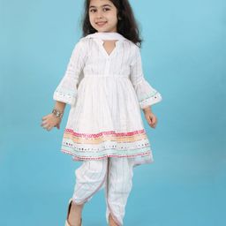 Babyhug Woven Three Fourth Sleeves Mirror Work Embroidered Kurta & Dhoti Set with Dupatta - White-image-51