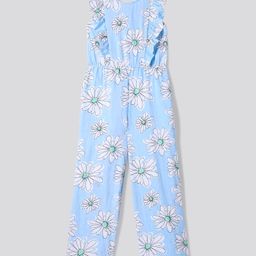Primo Gino Cotton Knit Frill Sleeves Jumpsuit with Floral Print - Light Blue-image-80