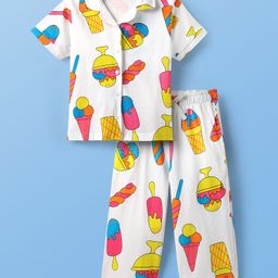 Pine Kids Cotton Knit Half Sleeves Co-Ord Capri Night Suit with Ice -Cream Print - White-image-63