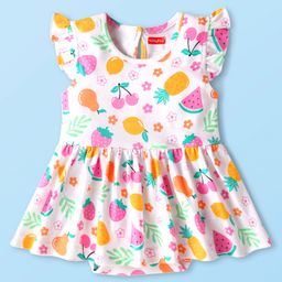 Babyhug 100% Cotton Knit Frill Sleeves Frock Style Onesie with Watermelon Print - White-image-38