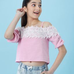 Pspeaches Cotton Cold Shoulder Sleeves Floral Lace Detailed Top - Pink-image-41