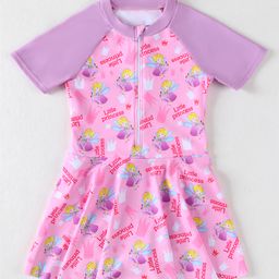 Pine Kids Half Raglan Sleeves Frock Swimsuit with Little Princess Print - Pink-image-15
