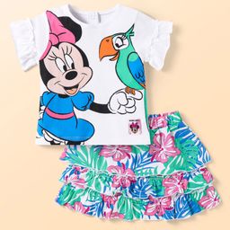 Babyhug Disney Single Jersey Knit Half Sleeves Top & Tiered Skirt Set With Minnie Mouse Graphics & Frill Detailing - White Blue & Green-image-84