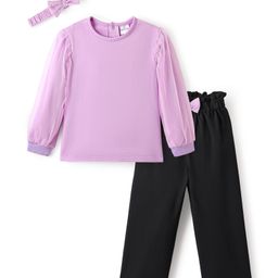Mark & Mia Cotton Knit Full Sleeves Solid Top & Lounge Pant Set With Bow Applique & Headband - Mauve & Black-image-51