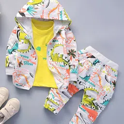 Googo Gaaga Cotton Full Sleeves Dinosaurs Printed Coordinating Hooded Jacket & Joggers With Inner Tee Set - White-picture-8