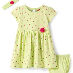 Babyhug Single Jersey Knit Half Sleeves Polka Dot Printed Frock With Floral Applique Bloomer & Headband - Light Green-picture-18