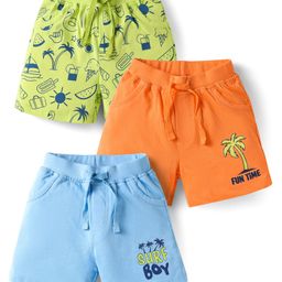 Doodle Poodle 100% Cotton Knit Knee Length Shorts with Beach Theme Print Pack of 3 - Orange Light Blue & Green-picture-22