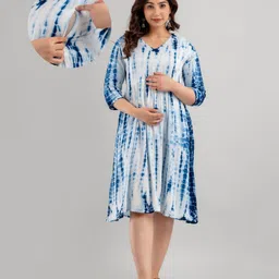CeleBravo Rayon Three Fourth Sleeves Tie Dye Maternity Dress With Nursing Access - Blue-picture-23