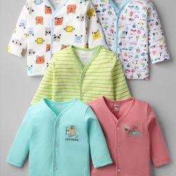 OHMS Single Jersey Knit Front Open Full Sleeves Striped Jhablas with Animal Print Pack of 5 - Multicolor-image-24