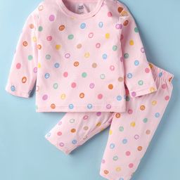 Pink Rabbit Interlock Knit Full Sleeves Co-ords Night Suit with Polka Dot Print - Pink-picture-13