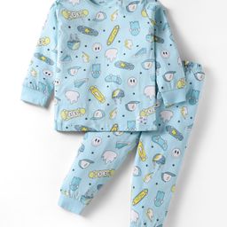 CUCUMBER Sinker Knit Full Sleeves Co-Ord Night Suit With Skateboarding Print - Light Blue-image-92