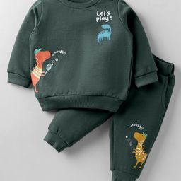 Zero Fleece Knit Full Sleeves Winter Wear Suits with Dino Print - Dark Green-image-27
