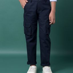 CRIMSOUNE CLUB Cotton Woven Solid Cargo Trousers - Navy Blue-picture-11
