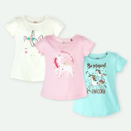 Ariel Cotton Knit Pack Of 3 Half Sleeves Unicorn & Typography Printed Tops - Cream Pink & Sky Blue-image-80