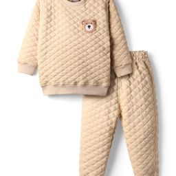 Little Kangaroos Woven Full Sleeves Quilted Winter Wear Sweatshirt & Lounge Pant with Bear Embroidery - Beige-picture-2
