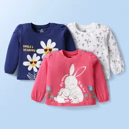 Doodle Poodle Single Jersey Knit Full Sleeves Top With Bunny & Floral Print Pack of 3 - Navy Blue Pink & White-picture-33