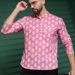 Sangria Pink Floral Printed Mandarin Collar Cotton Short Kurta-picture-40