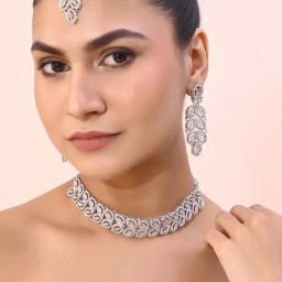 VOJ Silver Plated Baby Pink Ad Stone Studded Designer Jewellery Set with Mangtikka for Women-3