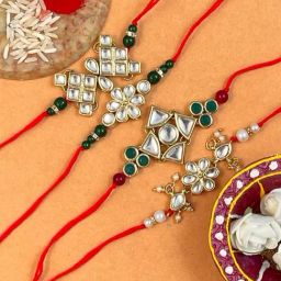 Karatcart Gold-Plated Kundan Rakhi with Roli Chawal & Greeting Card for Brother - Set of 4-20