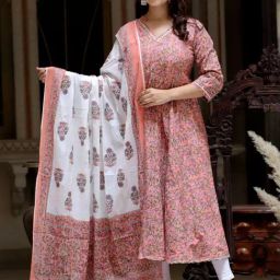 Miravan Peach Cotton Flared Floral Print Kurta With Dupatta-picture-20