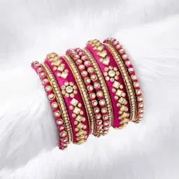 Peora Velvet Matching Fancy Silk Thread Rani Pink White Chuda/Chura Bangle Set(Size 2.8)-image-63