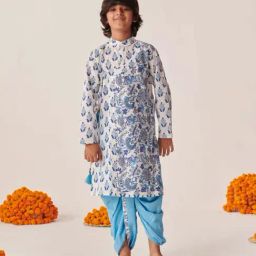 Pspeaches Boys Blue Cotton Regular Fit Floral Print Kurta Set-picture-2