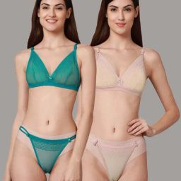 AROUSY Green & Beige Self Pattern Bra Panty Set - Pack Of 2-picture-9