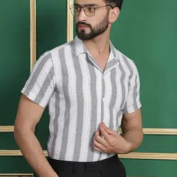 Indian Needle White Cotton Regular Fit Striped Shirt-image-83