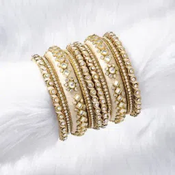 Peora Womens Velvet Matching Fancy Silk Thread Cream White Chuda/Chura Bangle Set-image-62