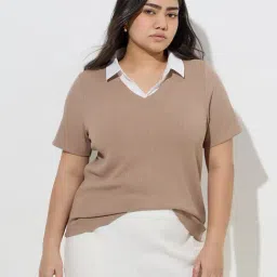 Gia by Westside Taupe Ribbed-Textured Collared T-Shirt-image-96