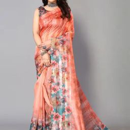 Satrani Orange Floral Print Saree With Unstitched Blouse-picture-47
