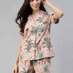 Divena Pink & Green Cotton Printed Shirt & Shorts Set-image-35