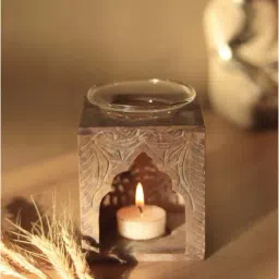 Unravel India 'Flower Motif' Brown Marble Aroma Diffuser With Oil Burner - Set of 1-23