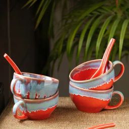 ExclusiveLane Reef Red & Blue Ceramic Soup Bowl (0.25 L) with Spoon - Set of 4-image-52