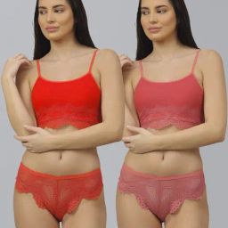 AROUSY Red & Peach Self Pattern Bra Panty Set - Pack Of 2-image-82