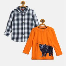 H by Hamleys Infants Boys Orange & Grey Printed Full Sleeves T-Shirt with Shirt-image-39