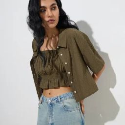 Nuon by Westside Dark Olive Smocked Cotton Top-13