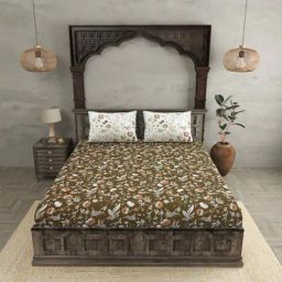 JaipurFabric Brown Pure Cotton 280 TC Flowery Spring King Size Bedsheet with 2 Pillow Covers-image-84