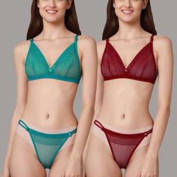 AROUSY Green & Maroon Self Pattern Bra Panty Set - Pack Of 2-image-53