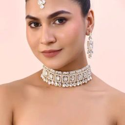 VOJ Silver Plated Stone Studded Designer Necklace with Earrings and Mangtikka for Women-image-57