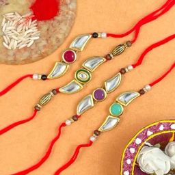 Karatcart Gold-Plated Kundan Rakhi with Roli Chawal & Greeting Card for Brother - Set of 4-22