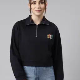 SHOWOFF Navy Graphic Print Crop Sweatshirt-image-12