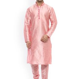 Hangup Men Pink Solid A-Line Dupain Silk Kurta-image-78
