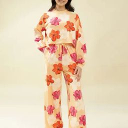 Lil Tomatoes Girls Peach Cotton Regular Fit Floral Print Night Suit-picture-33