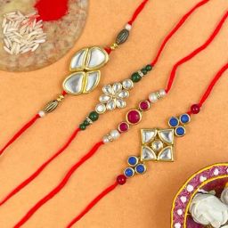 Karatcart Gold-Plated Kundan Rakhi with Roli Chawal & Greeting Card for Brother - Set of 4-28