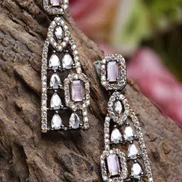 Zeneme Rosegold Gunmetal AD Contemporary Crystal Drop Earrings-image-90